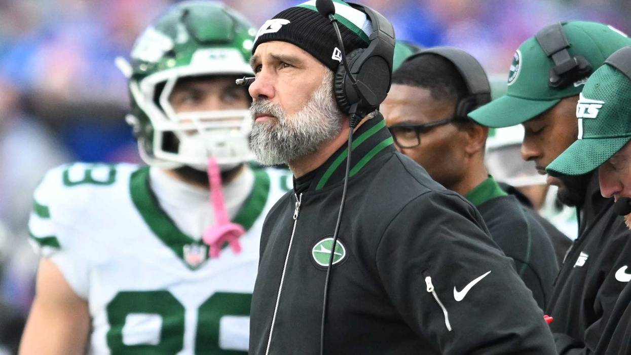 Dec 29, 2024; Orchard Park, New York, USA; New York Jets head coach Jeff Ulbrich on the sideline in the third quarter against the Buffalo Bills at Highmark Stadium. Mandatory Credit: Mark Konezny-Imagn Images