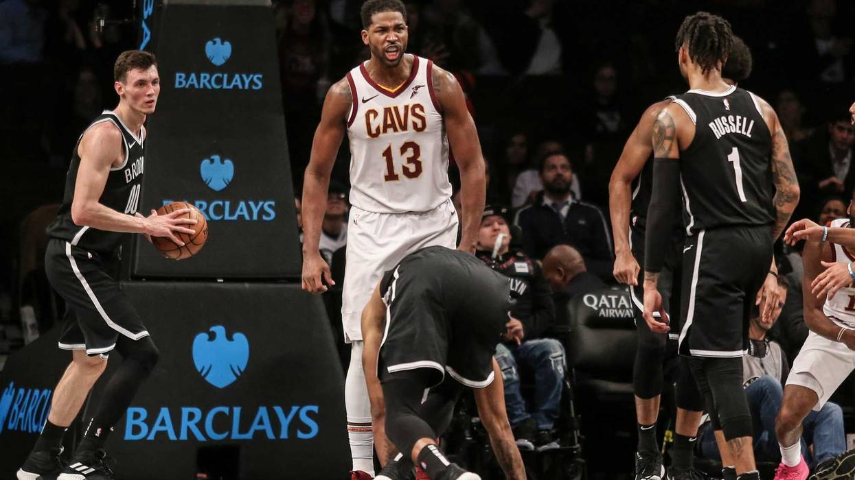 Dec 3, 2018; Brooklyn, NY, USA; Cleveland Cavaliers center Tristan Thompson (13) celebrates after scoring the game winning basket in a 99-97 victory over the Brooklyn Nets at Barclays Center. Mandatory Credit: Wendell Cruz-USA TODAY Sports