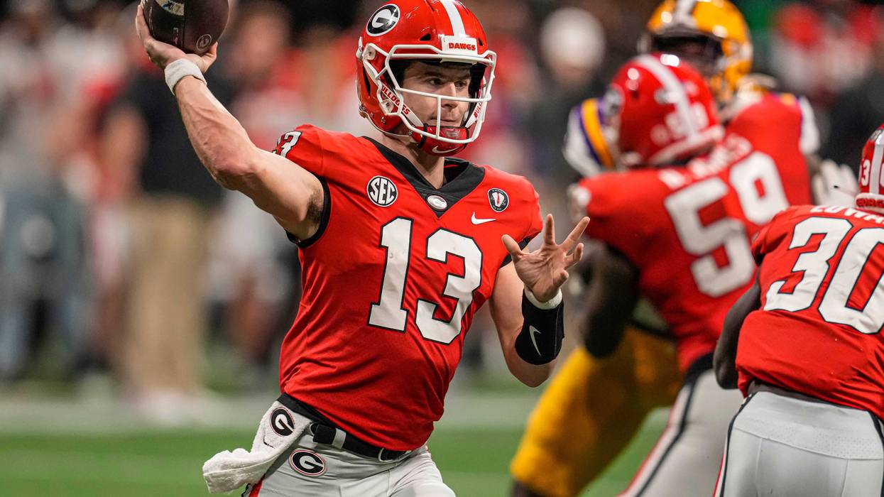 Dec 3, 2022; Atlanta, GA, USA; Georgia Bulldogs quarterback Stetson Bennett (13) passes against the LSU Tigers at Mercedes-Benz Stadium. Mandatory Credit: Dale Zanine-USA TODAY Sports