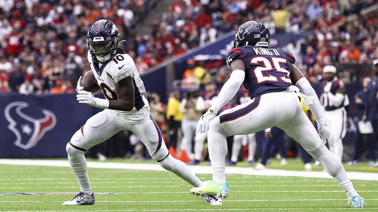 Dec 3, 2023; Houston, Texas, USA; Denver Broncos wide receiver Jerry Jeudy (10) runs with the ball after a reception as Houston Texans cornerback Desmond King II (25) defends during the second quarter at NRG Stadium. Mandatory Credit: Troy Taormina-USA TODAY Sports