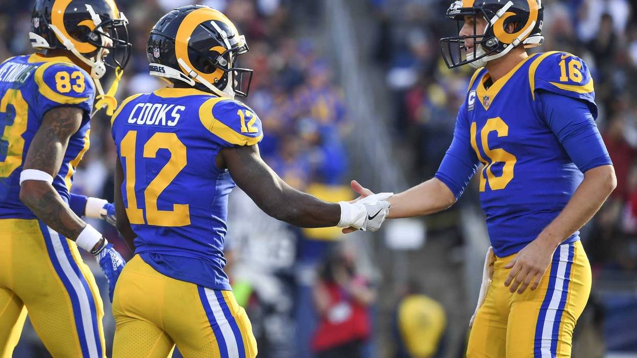 Dec 30, 2018; Los Angeles, CA, USA; Los Angeles Rams wide receiver Brandin Cooks (12) celebrates scoring a second quarter touchdown against the San Francisco 49ers with quarterback Jared Goff (16) at Los Angeles Memorial Coliseum. Mandatory Credit: Robert