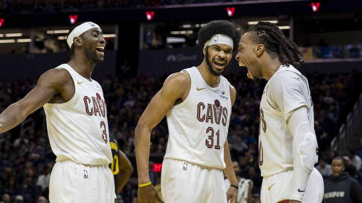 Dec 30, 2024; San Francisco, California, USA; Cleveland Cavaliers guard Darius Garland (10) and center Jarrett Allen (31) and guard Caris LeVert (3) react after a foul is called against a Golden State Warriors player during the third quarter at Chase Center.