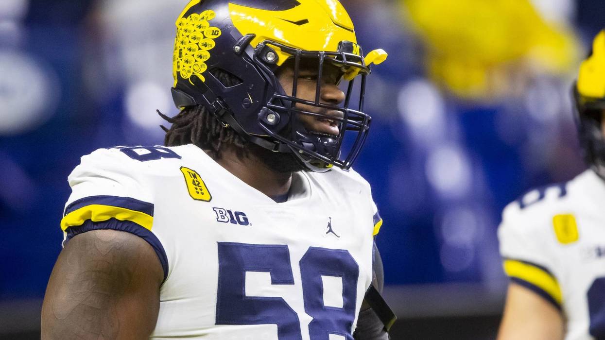 Dec 4, 2021; Indianapolis, IN, USA; Michigan Wolverines defensive lineman Mazi Smith (58) against the Iowa Hawkeyes in the Big Ten Conference championship game at Lucas Oil Stadium.