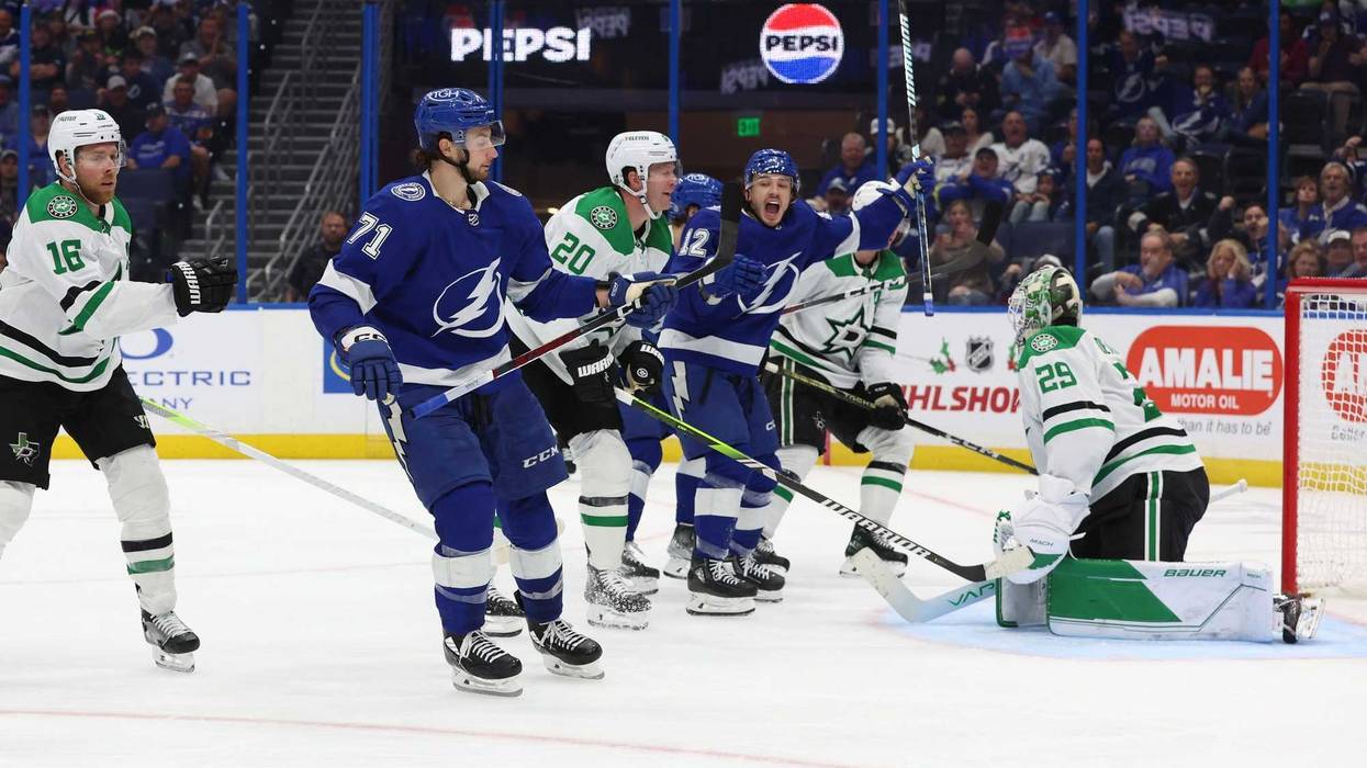 Dec 4, 2023; Tampa, Florida, USA; Tampa Bay Lightning center Anthony Cirelli (71) scores a goal against the Dallas Stars during the third period at Amalie Arena.