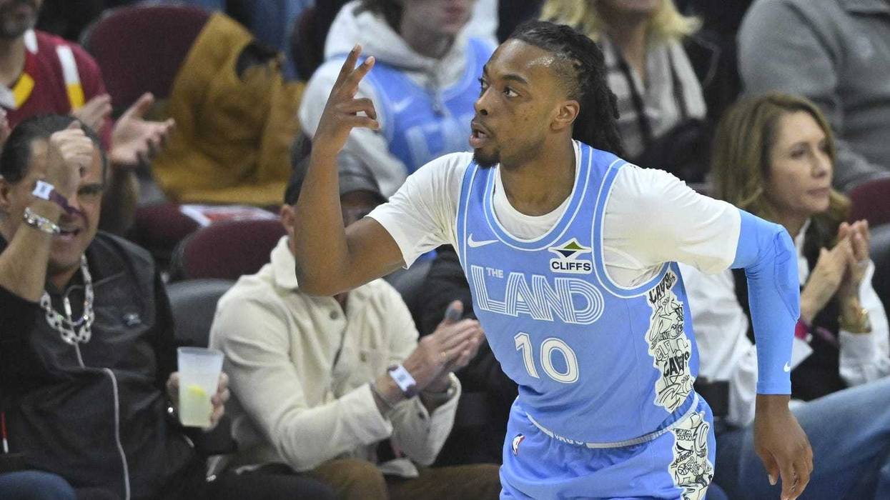 Dec 5, 2024; Cleveland, Ohio, USA; Cleveland Cavaliers guard Darius Garland (10) celebrates his three-point basket in the first quarter against the Denver Nuggets at Rocket Mortgage FieldHouse.