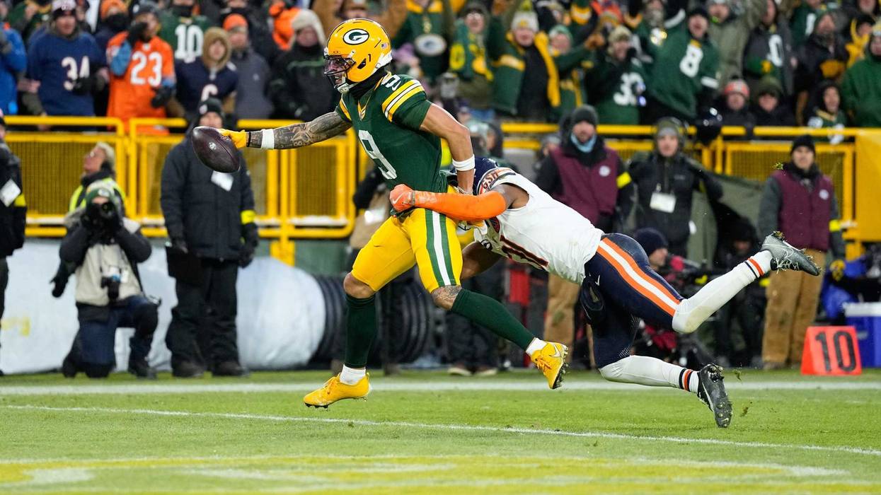 Dec 7, 2025; Green Bay, Wisconsin, USA; Green Bay Packers wide receiver Christian Watson (9) makes a catch for a touchdown in the second quarter against the Chicago Bears at Lambeau Field. Mandatory Credit: Jeff Hanisch-Imagn Images