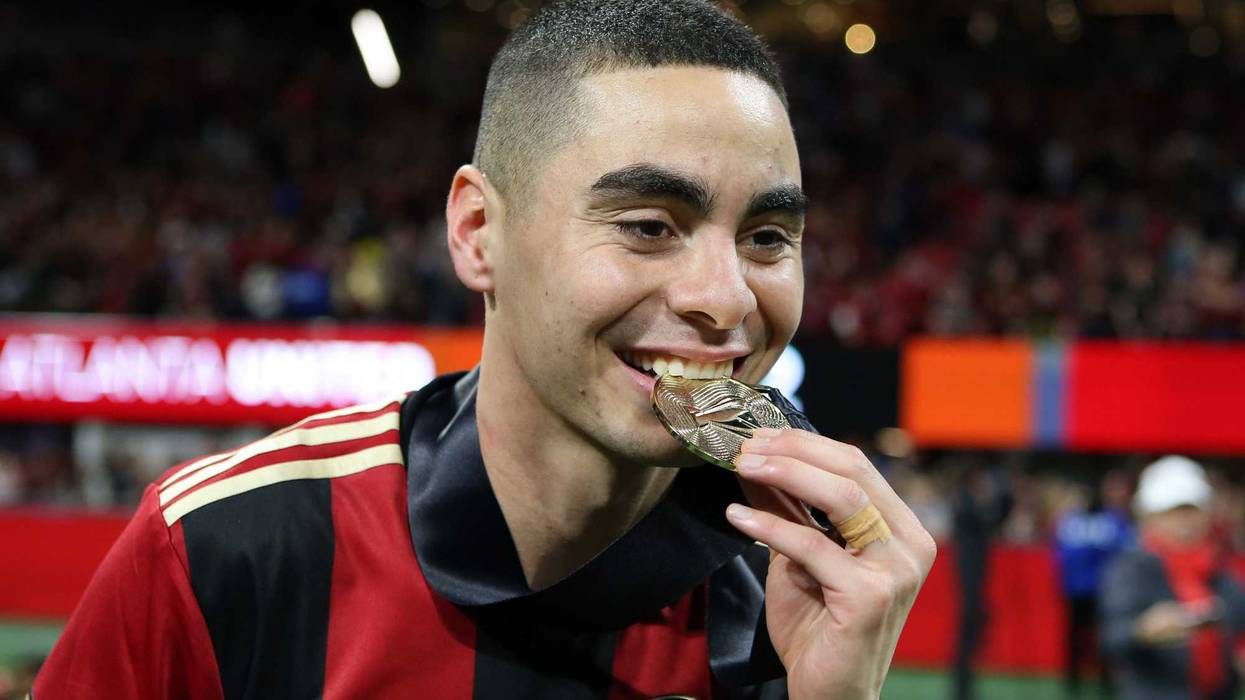 Dec 8, 2018; Atlanta, GA, USA; Atlanta United midfielder Miguel Almiron (10) celebrates after defeating the Portland Timbers in the 2018 MLS Cup championship game at Mercedes-Benz Stadium. Mandatory Credit: Brett Davis-Imagn Images