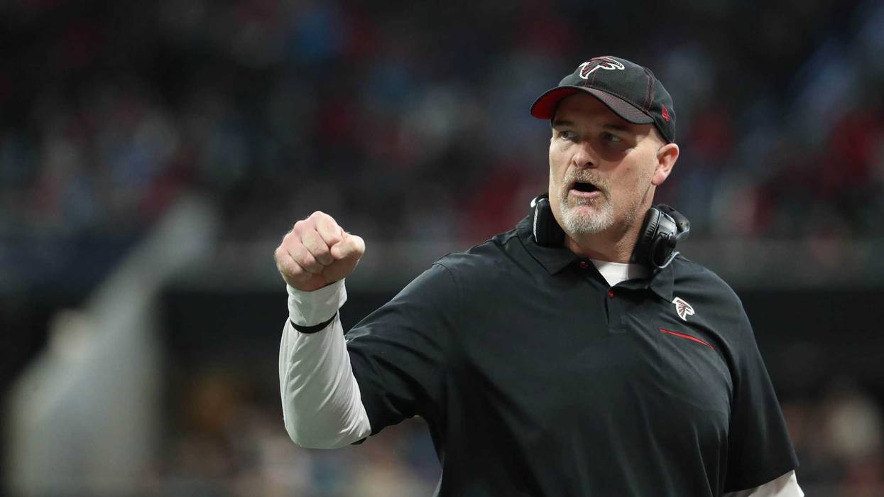 Dec 8, 2019; Atlanta, GA, USA; Atlanta Falcons head coach Dan Quinn reacts to a play in the first half against the Carolina Panthers at Mercedes-Benz Stadium. Mandatory Credit: Jason Getz-USA TODAY Sports