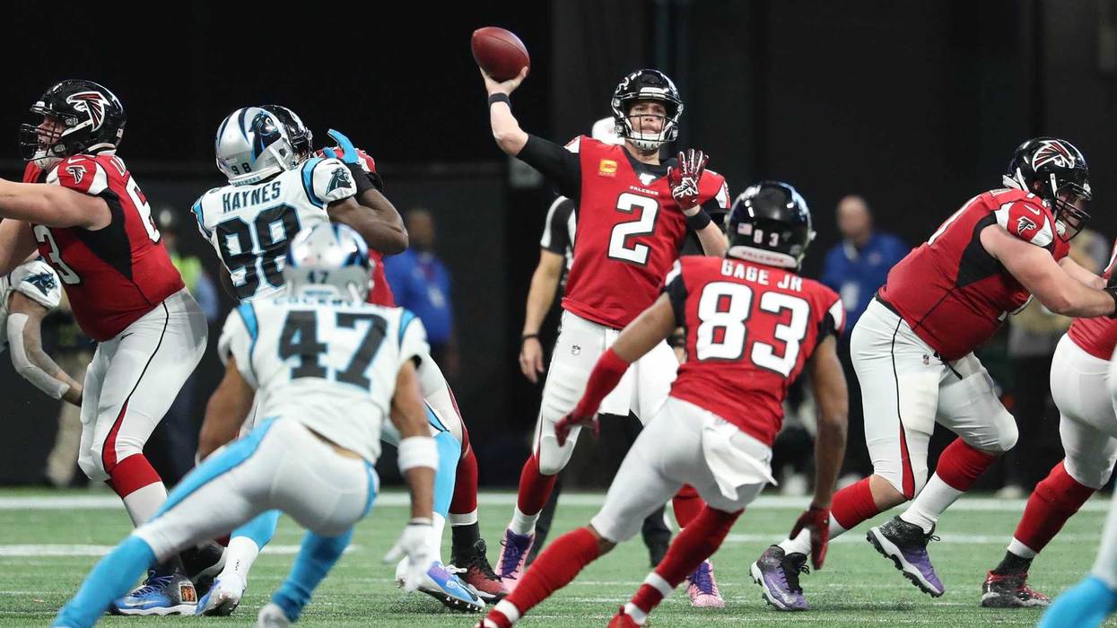 Dec 8, 2019; Atlanta, GA, USA; Atlanta Falcons quarterback Matt Ryan (2) attempts a pass to wide receiver Russell Gage (83) in the first half against the Carolina Panthers at Mercedes-Benz Stadium. Mandatory Credit: Jason Getz-USA TODAY Sports