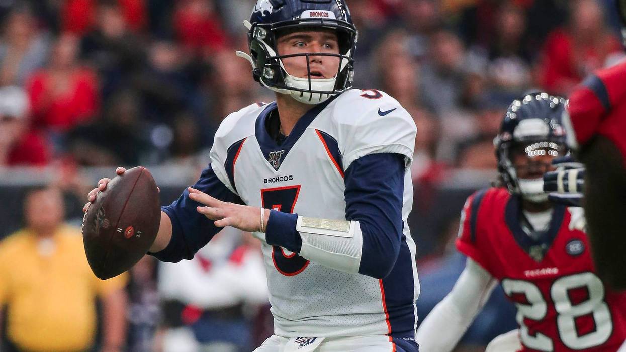 Dec 8, 2019; Houston, TX, USA; Denver Broncos quarterback Drew Lock (3) attempts a pass during the second quarter against the Houston Texans at NRG Stadium. Troy Taormina-USA TODAY Sports