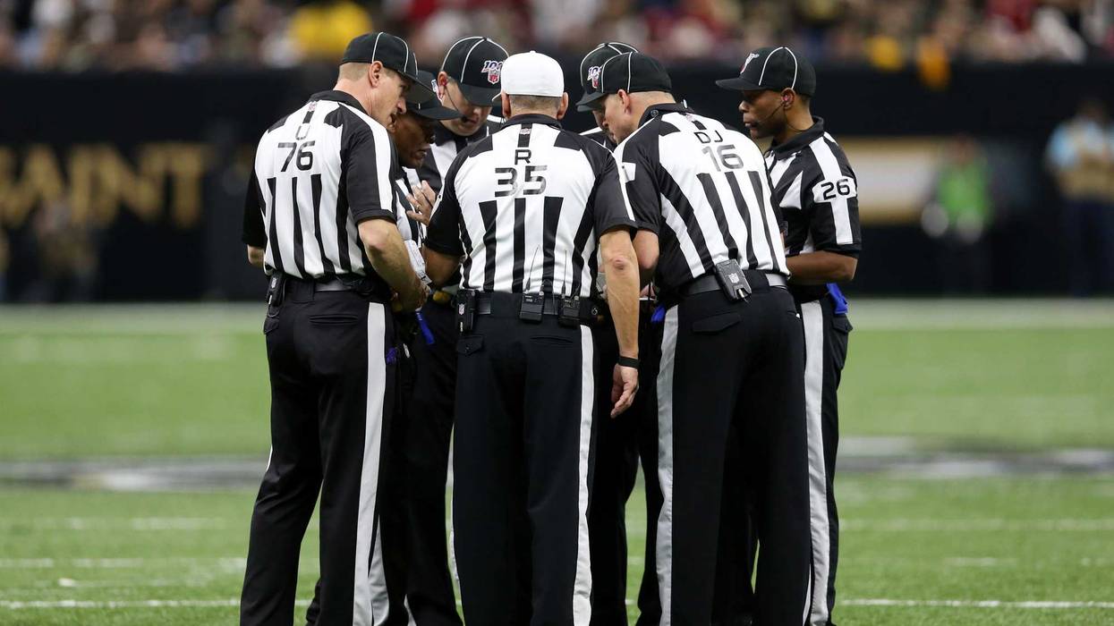 Dec 8, 2019; New Orleans, LA, USA; The NFL referee crew of referee John Hussey (35) work the game between the New Orleans Saints and the San Francisco 49ers in the second half at the Mercedes-Benz Superdome. The 49ers won, 48-46. Mandatory Credit: Chuck C