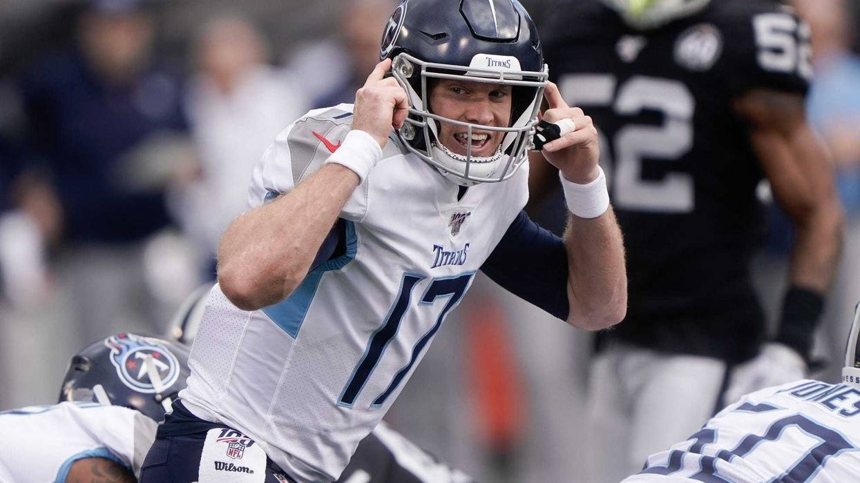 Dec 8, 2019; Oakland, CA, USA; Tennessee Titans quarterback Ryan Tannehill (17) signals to his teammates during the game against the Oakland Raiders during the first quarter at Oakland Coliseum. Mandatory Credit: Stan Szeto-USA TODAY Sports