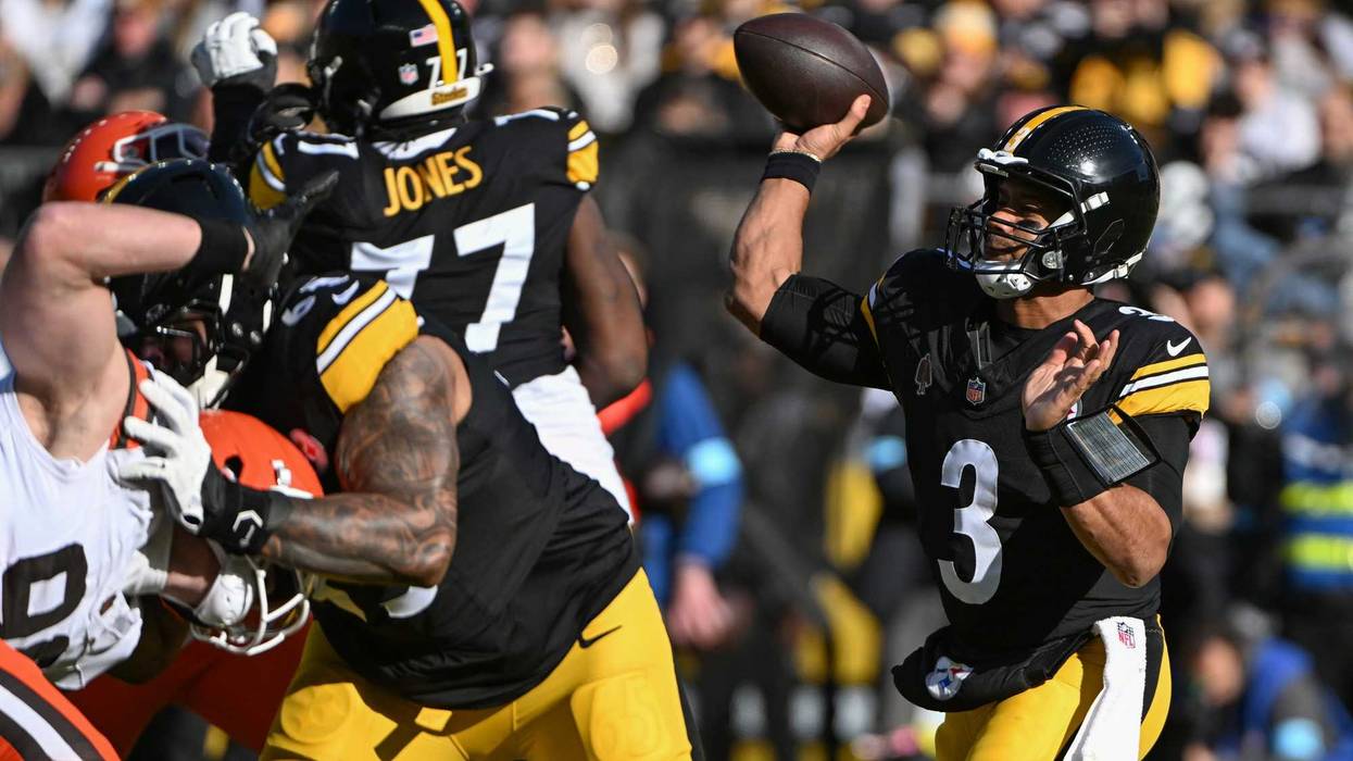 Dec 8, 2024; Pittsburgh, Pennsylvania, USA; Pittsburgh Steelers quarterback Russell Wilson (3) throws a pass against the Cleveland Browns during the first quarter at Acrisure Stadium.