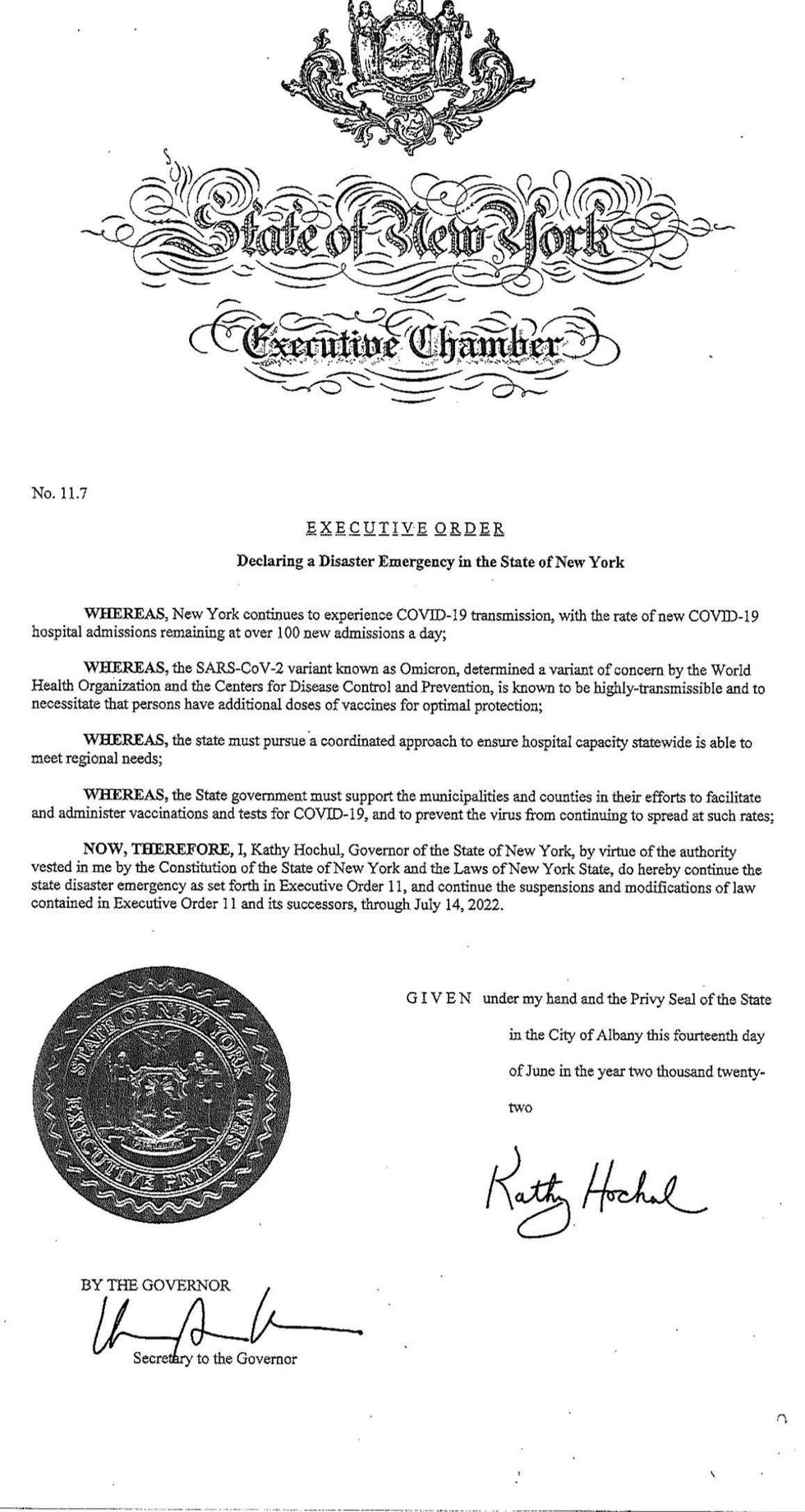 declaration extending Gov Kathy Hochul