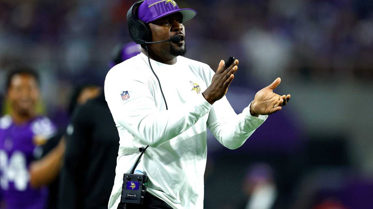Defensive Coordinator Brian Flores of the Minnesota Vikings in 2023. In February 2022, Flores sued the league and several teams, saying the league was “rife with racism.”