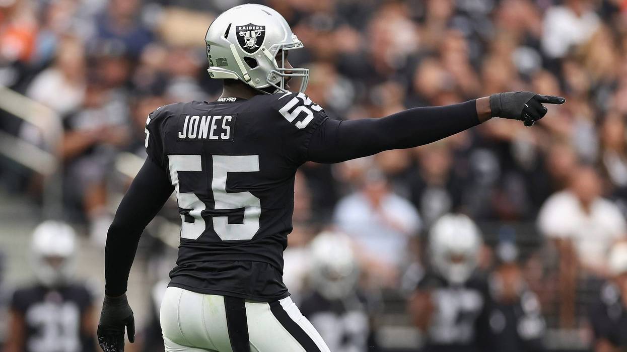 Defensive end Chandler Jones #55 of the Las Vegas Raiders reacts during the NFL game at Allegiant Stadium on October 02, 2022 in Las Vegas, Nevada.