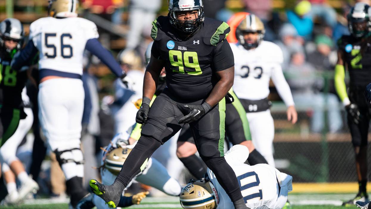 Delaware Valley defensive tackle Kelvin Brown celebrates a tackle for loss against Gallaudet on Nov. 19, 2022.