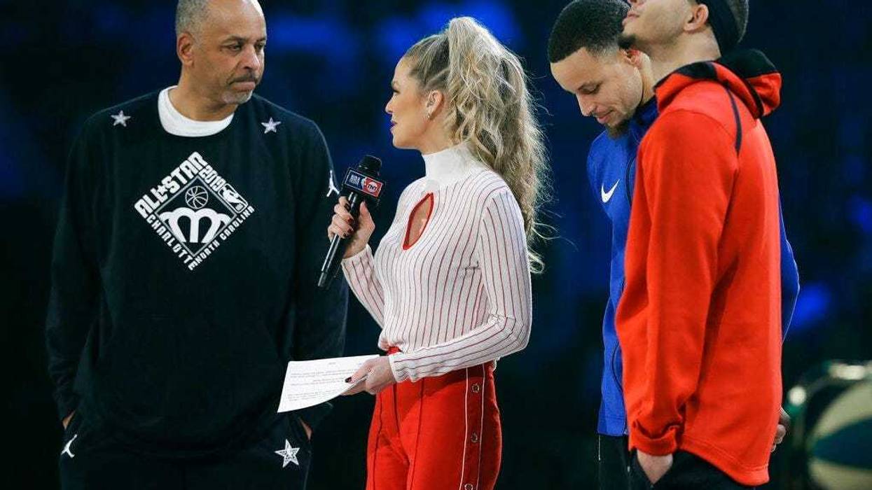 Dell Curry and son's Stephen Curry and Seth Curry are interviewed during the NBA All-Star 3-Point contest, Saturday, Feb. 16, 2019, in Charlotte, N.C.