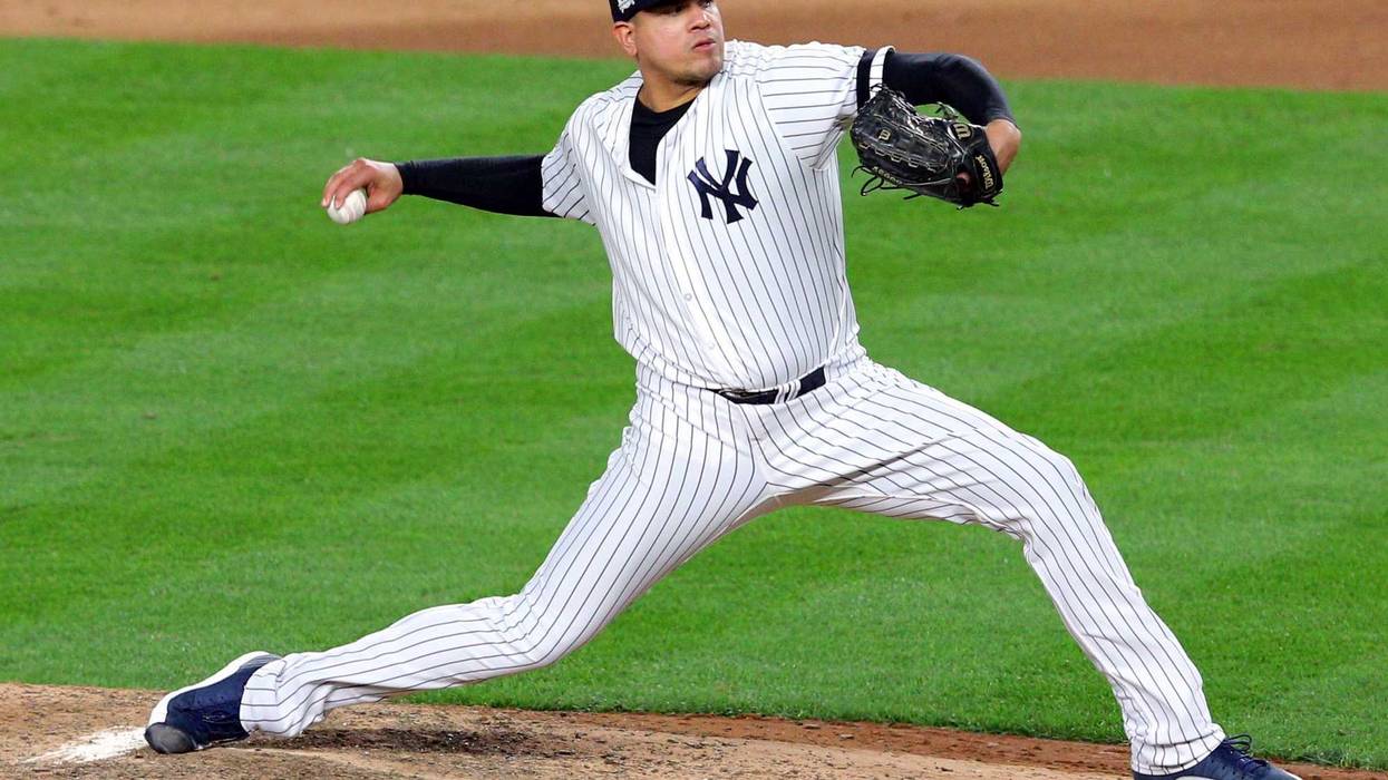 Dellin Betances pitches during the eighth inning against the Houston Astros during game three of the 2017 ALCS playoff baseball series at Yankee Stadium.