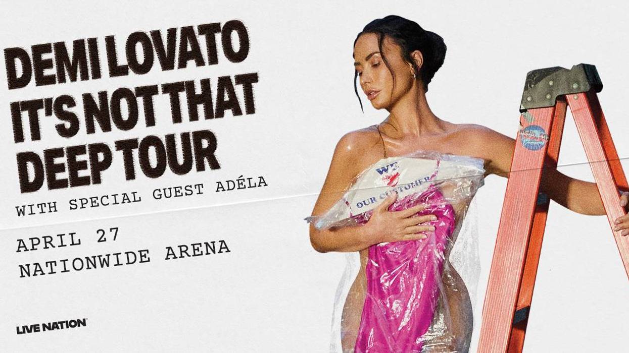 Demi Lovato It's Not That Deep Tour. Lovato wrapped in plastic, holding an orange ladder.