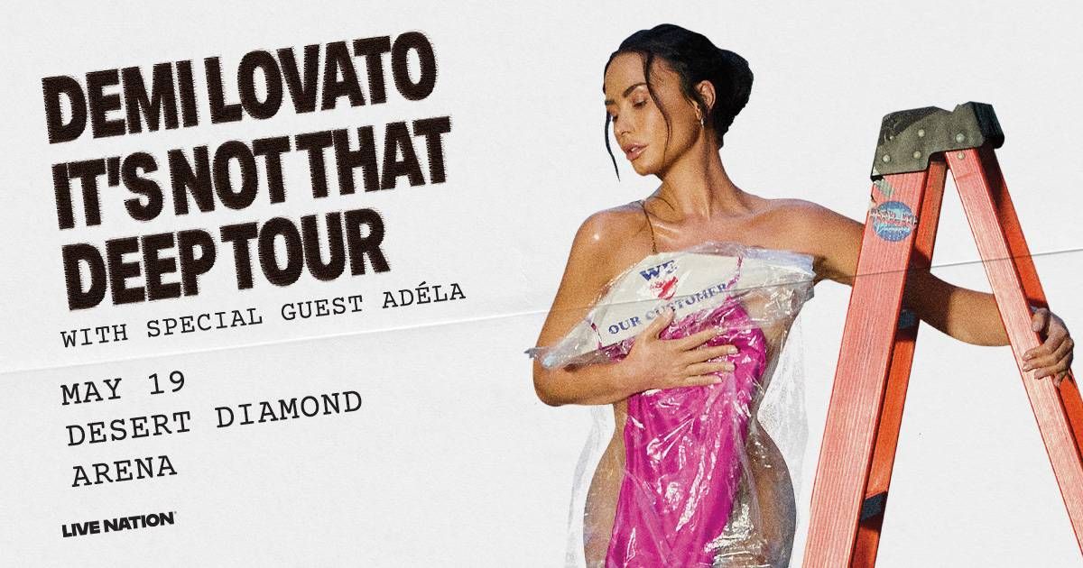 Demi Lovato "It's Not That Deep Tour" poster. Demi in plastic, holding pink item, by ladder.