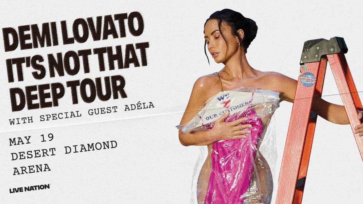 Demi Lovato "It's Not That Deep Tour" poster. Demi in plastic, holding pink item, by ladder.