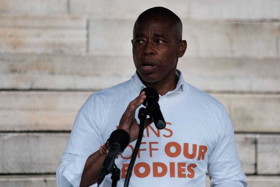 Democratic mayoral candidate Eric Adams joins other politicians and supporters of abortion rights at a rally to denounce recent restrictions on abortion in the state of Texas on September 09, 2021 in the Brooklyn borough of New York City.