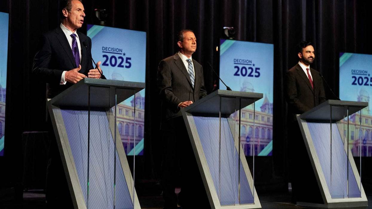 Democratic mayoral candidates (L/R) former Gov. Andrew Cuomo, city Comptroller Brad Lander and state Assemblymember Zohran Mamdani participate in the New York City Democratic Mayoral Primary Debate at the John Jay College of Criminal Justice in the Gerald W. Lynch Theater on June 12, 2025