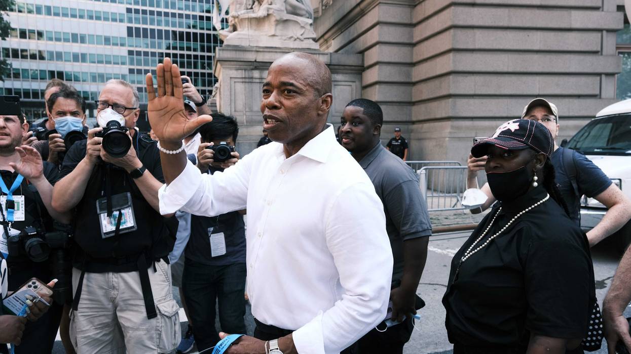 Democratic mayoral nominee Eric Adams joins hundreds of police, fire, hospital, and other first responder workers in a ticker-tape parade along the Canyon of Heroes to honor the essential workers who helped navigate New York through Covid-19 on July 07, 2021 in New York City