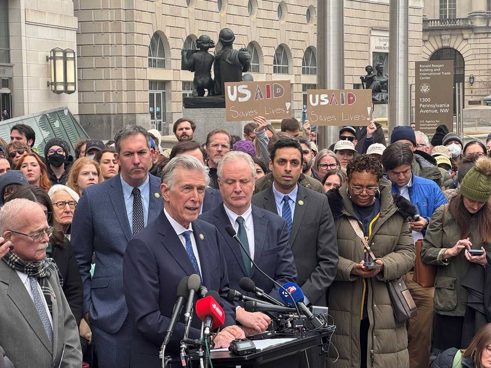 Democratic members of Congress hold a press conference on developments at the U.S. Agency for International Development (USAID).
