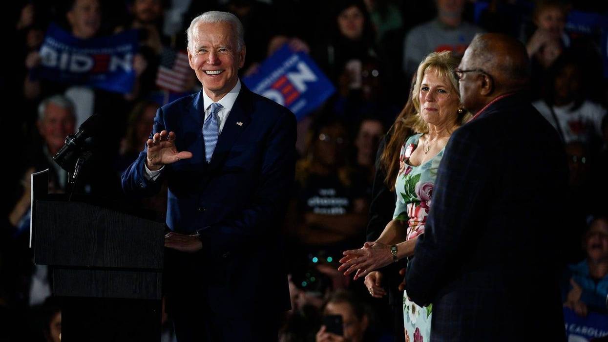 Democratic presidential candidate Joe Biden waves to the crowd of supporters in Columbia after his victory in the South Carolina primary Saturday, Feb. 29, 2020.