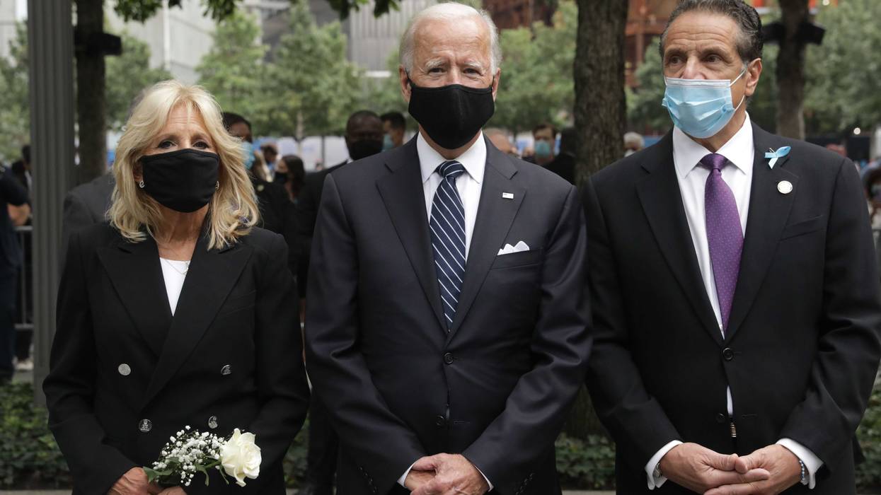 Democratic presidential candidate Joe Biden, with ghis wife Jill Biden and New york Governor Andrew Cuomo, attends the 19th September 11 commemoration ceremony at the National September 11 Memorial & Museum in New York, September 11, 2020.