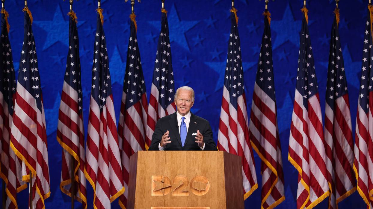 Democratic presidential nominee Joe Biden delivers his acceptance speech on the fourth night of the Democratic National Convention from the Chase Center on August 20, 2020 in Wilmington, Delaware.
