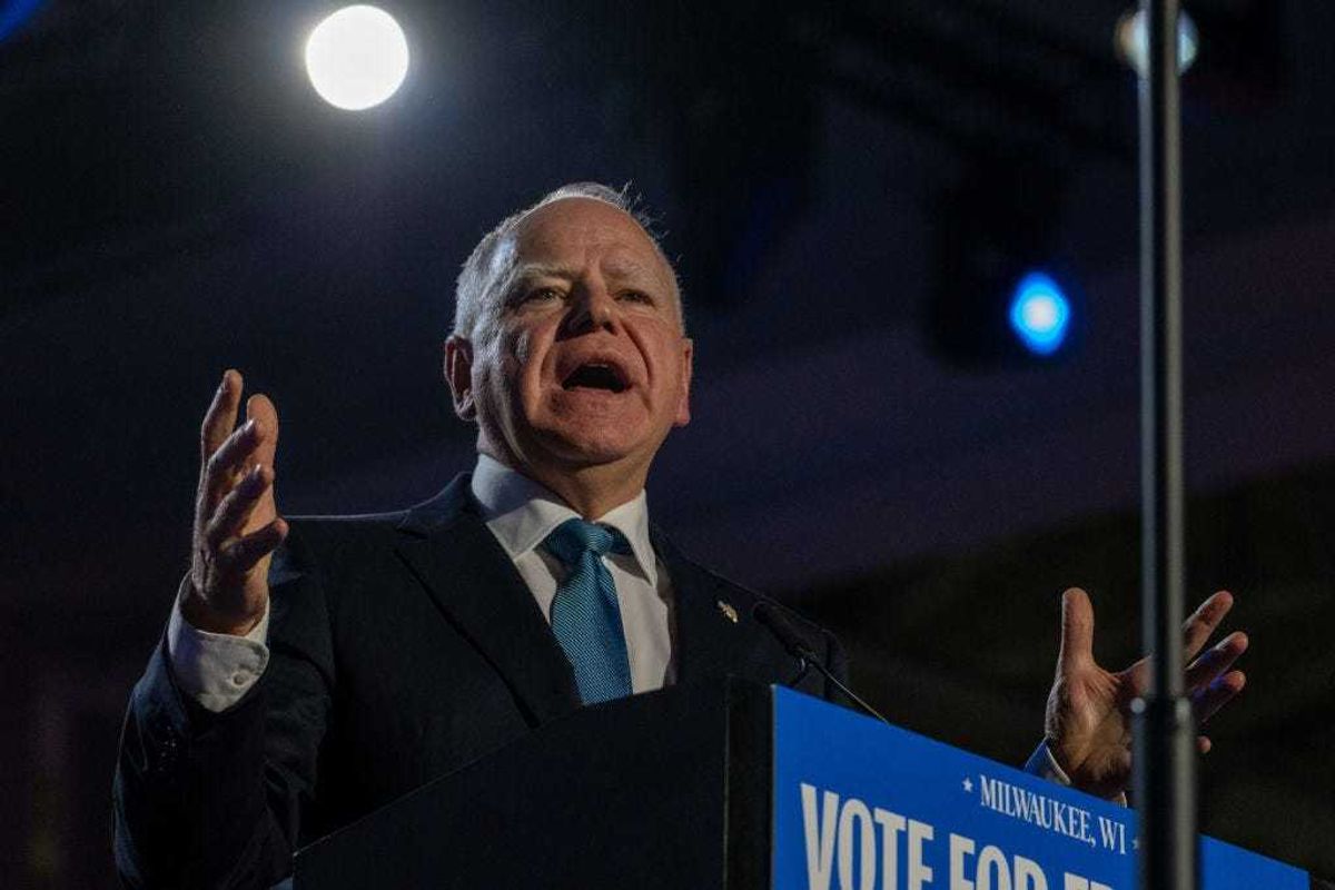 Democratic vice presidential nominee, Minnesota Gov. Tim Walz campaigns at State Fair Park on November 04, 2024 in Milwaukee, Wisconsin.