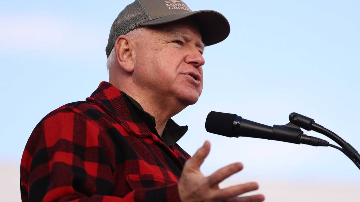 Democratic Vice Presidential nominee Tim Walz speaks during a campaign rally at Telesz Farms on October 15, 2024 in Volant, Pennsylvania.