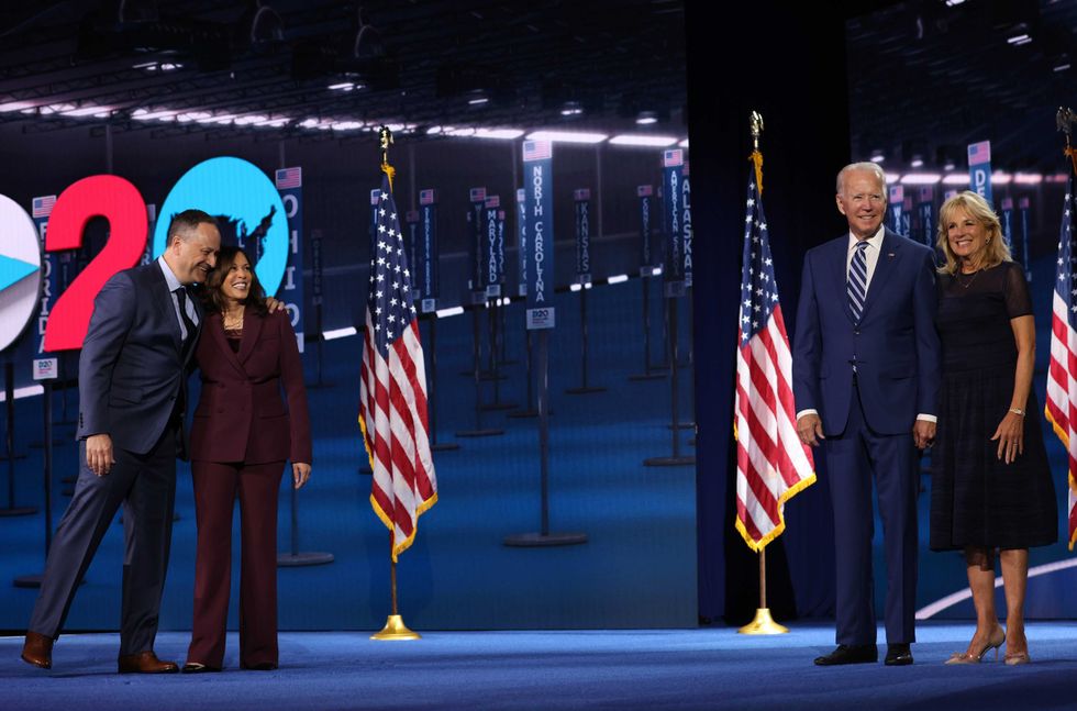 Democratic vice presidential nominee U.S. Sen. Kamala Harris (D-CA) and her husband Douglas Emhoff and Democratic presidential nominee Joe Biden and his wife Dr. Jill Biden appear on stage after Harris delivered her acceptance speech on the third night of the Democratic National Convention from the Chase Center August 19, 2020 in Wilmington, Delaware.