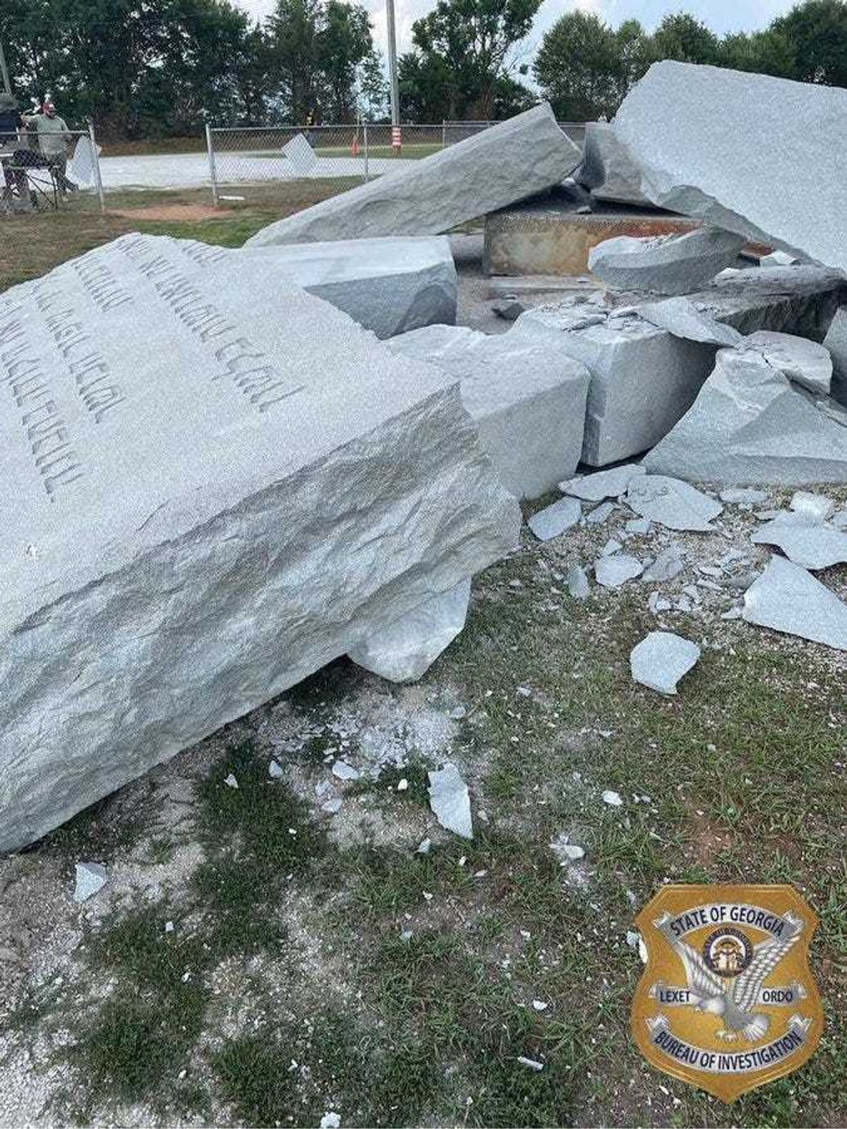 Demolished fragments of the Georgia Guidestones after an explosion in July 2022.
