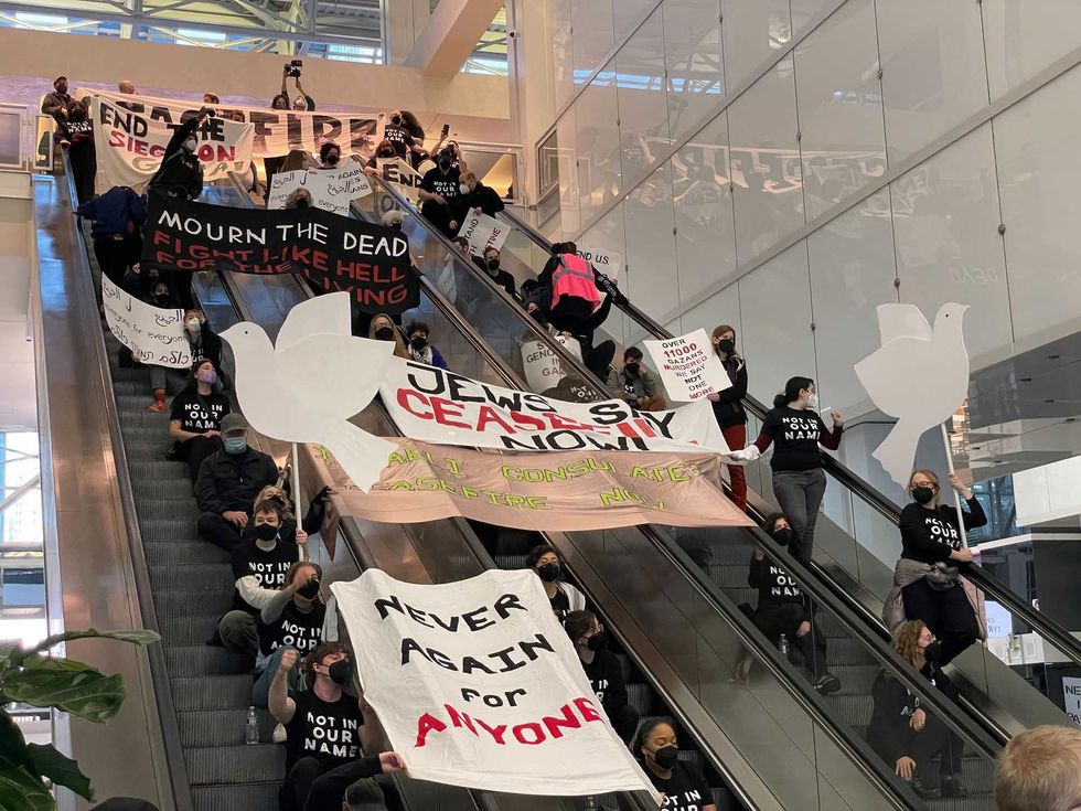 Demonstrators blocked the entrance to the Israeli consulate, which is located in a building that