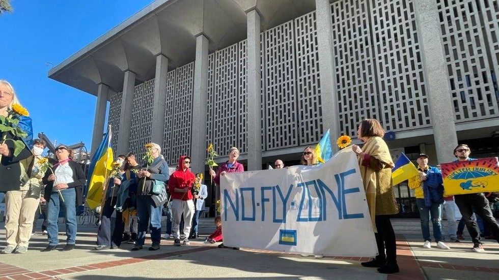 Demonstrators called for NATO to enact a No-Fly-Zone over Ukraine on Sunday, March 20, 2022.