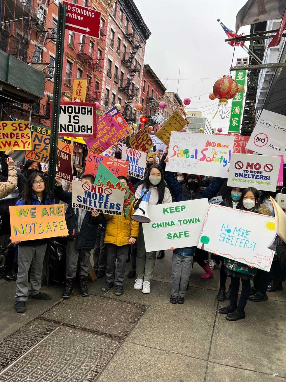 Demonstrators chanted "no more shelters" and "Chinatown, not shelter-town"