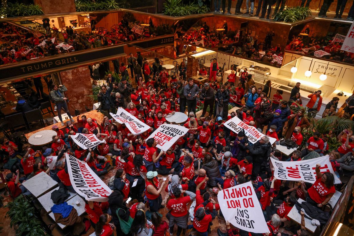 Demonstrators from the group, Jewish Voice for Peace, protest inside Trump Tower in support of Columbia graduate student Mahmoud Khalil, Thursday, March 13, 2025, in New York