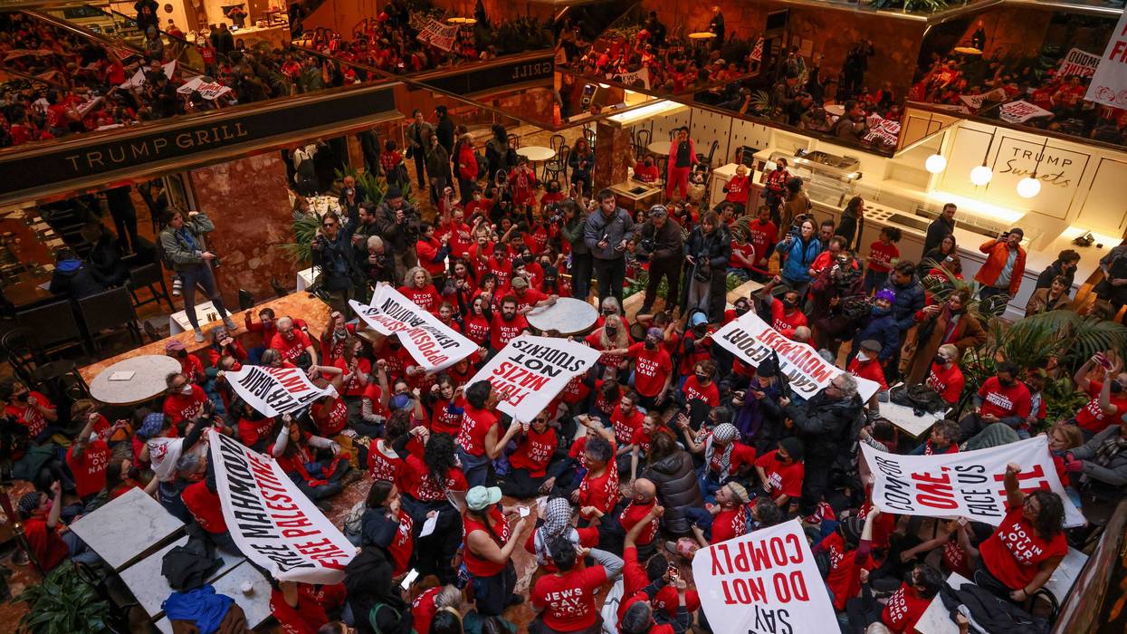 Demonstrators from the group, Jewish Voice for Peace, protest inside Trump Tower in support of Columbia graduate student Mahmoud Khalil, Thursday, March 13, 2025, in New York