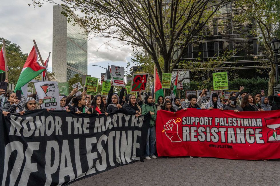 Demonstrators in support of Palestinians gather during a protest in front of United Nations headquarters in New York on October 9, 2023.