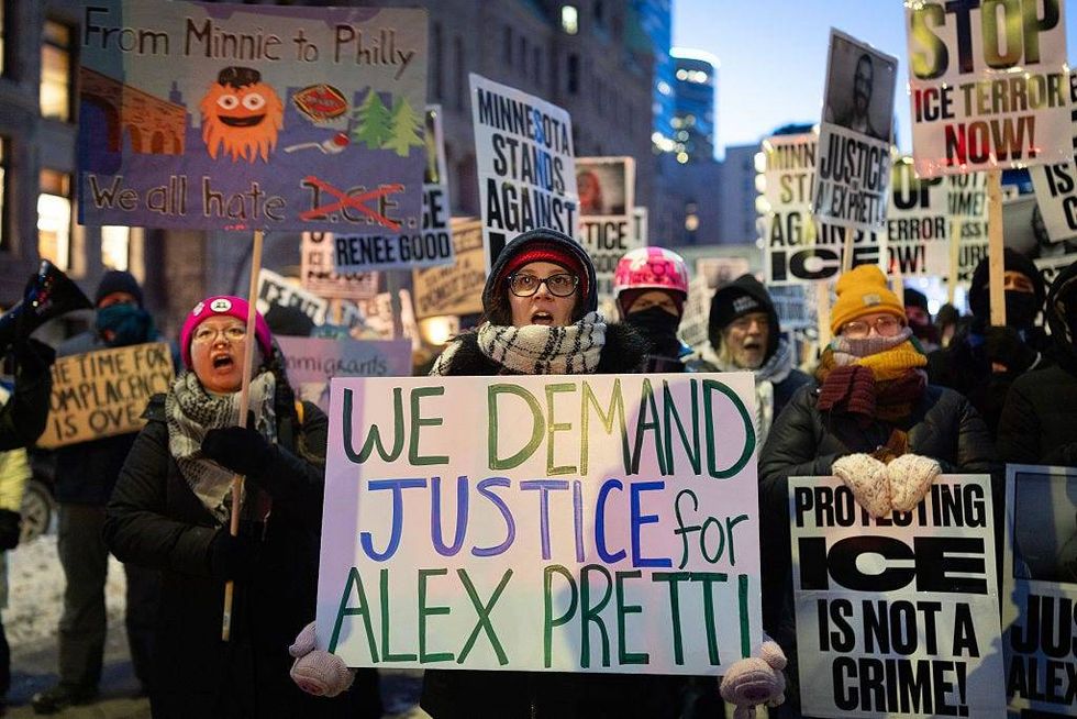 Demonstrators protest against Immigration and Customs Enforcement (ICE) operations in Minnesota on January 27, 2026 in Minneapolis, Minnesota. Protests and demonstrations continue around Minneapolis in the aftermath of the killings of Alex Pretti and Renee Nicole Good by federal law enforcement.