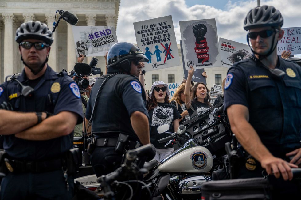 Demonstrators protest in front of the U.S. Supreme Court moments before the Dobbs v Jackson Women