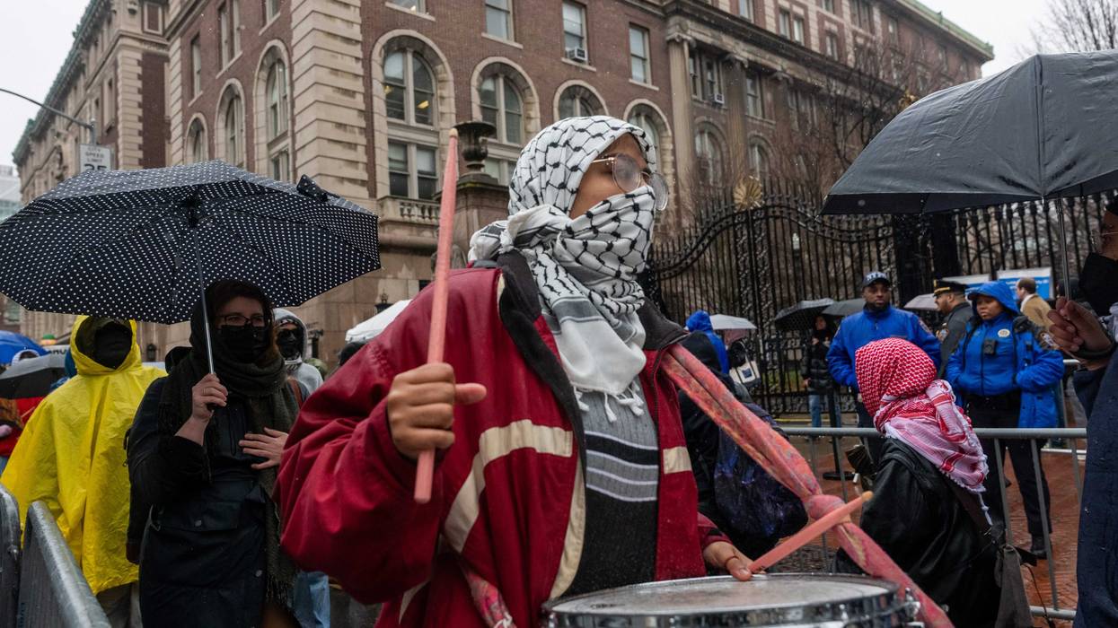 Demonstrators protest the arrest and detention of Mahmoud Khalil outside of Columbia University on March 24, 2025