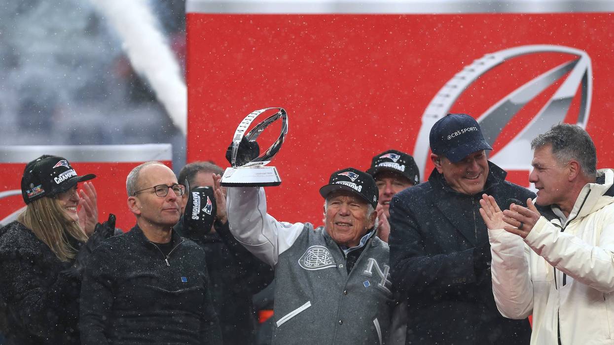 DENVER, COLORADO - JANUARY 25: Owner Robert Kraft of the New England Patriots celebrates with the Lamar Hunt Trophy during the Trophy Presentation of the AFC Championship Playoff game against the Denver Broncos at Empower Field At Mile High on January 25, 2026 in Denver, Colorado. The New England Patriots defeat the Denver Broncos 10-7. (Photo by Matthew Stockman/Getty Images)