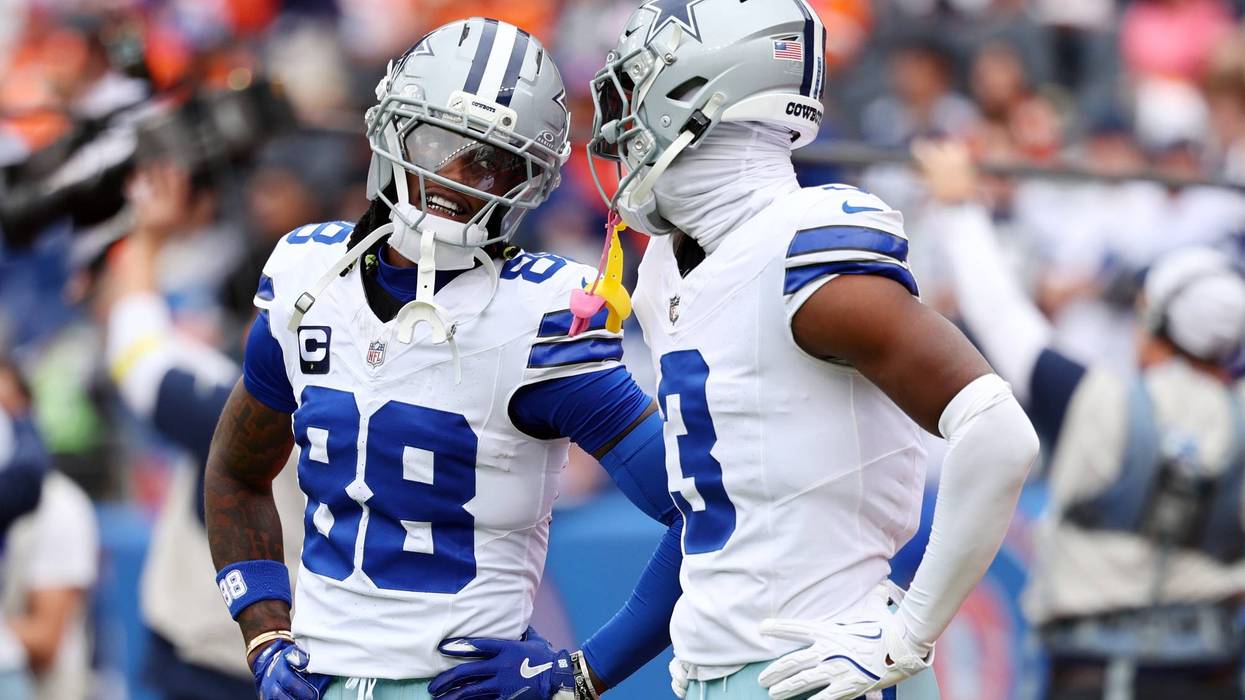 DENVER, COLORADO - OCTOBER 26: CeeDee Lamb #88 and George Pickens #3 of the Dallas Cowboys talk before a game against the Denver Broncos at Empower Field At Mile High on October 26, 2025 in Denver, Colorado. (Photo by Dustin Bradford/Getty Images)