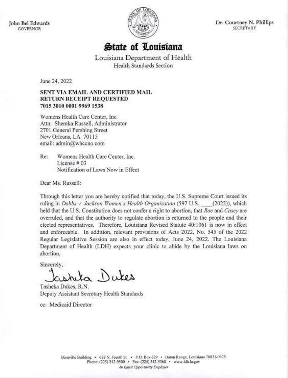 Department of Health Letter