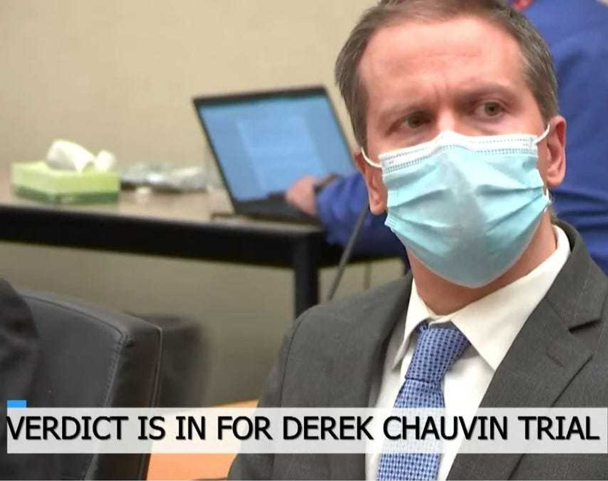 Derek Chauvin listens as a verdict is read during the trial of Derek Chauvin of the death of George Floyd at the courthouse in Minneapolis on April 20, 2021.